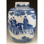 Chinese blue and white vase and cover, painted with a continuous scene of figures, six character