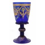 Venetian blue glass enamelled and gilded goblet  painted marks to foot, early 20th century 18cm high