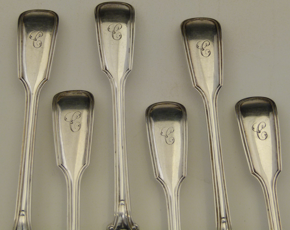 Victorian silver fiddle & thread pattern flatware of six dessert forks, six dessert spoons, six - Image 11 of 14