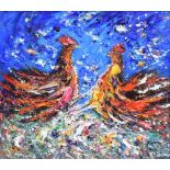 David Wilde (1918-1978),   "Cock Fight II", signed and titled, acrylic on board, 53.5 x 63.5cm.;