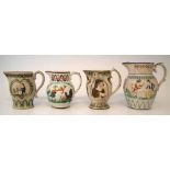 Four Pratt ware jugs circa 1800   moulded with figures, Britannia, a tall ship and sailor, and