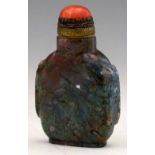 Moss agate snuff bottle, the flattened body displaying a tangle of red, green, grey and white