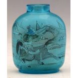 Blue transparent glass snuff bottle inside-painted with a continuous scene of equestrian warriors,