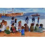 Sue Atkinson (1949-),  Figures on the seafront, signed, watercolour and pencil, 16 x 24.5cm.; 6.5