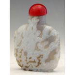 Large macaroni agate snuff bottle, brown, grey and white, carved taotie side handles, domed red