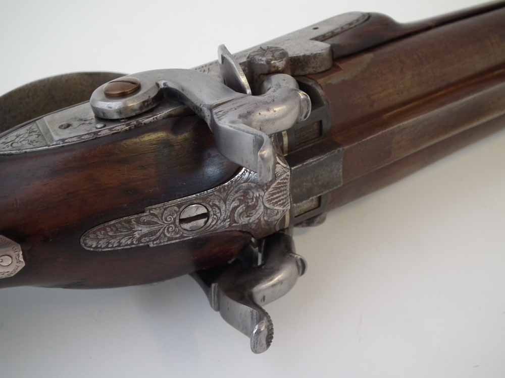 Percussion double barrel shotgun by Joseph Manton London, converted from flintlock, with Damascus 16 - Image 7 of 11