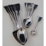 Victorian silver fiddle pattern flatware: six table spoons, seven teaspoons, two mustard spoons,