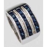 18K white gold broad band ring set with five channels of sapphires and diamonds, width 11mm, 7.6g