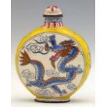 Canton enamel moon flask shaped snuff bottle, painted on either side with a writhing dragon,