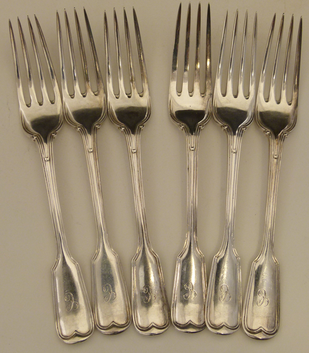 Victorian silver fiddle & thread pattern flatware of six dessert forks, six dessert spoons, six - Image 8 of 14