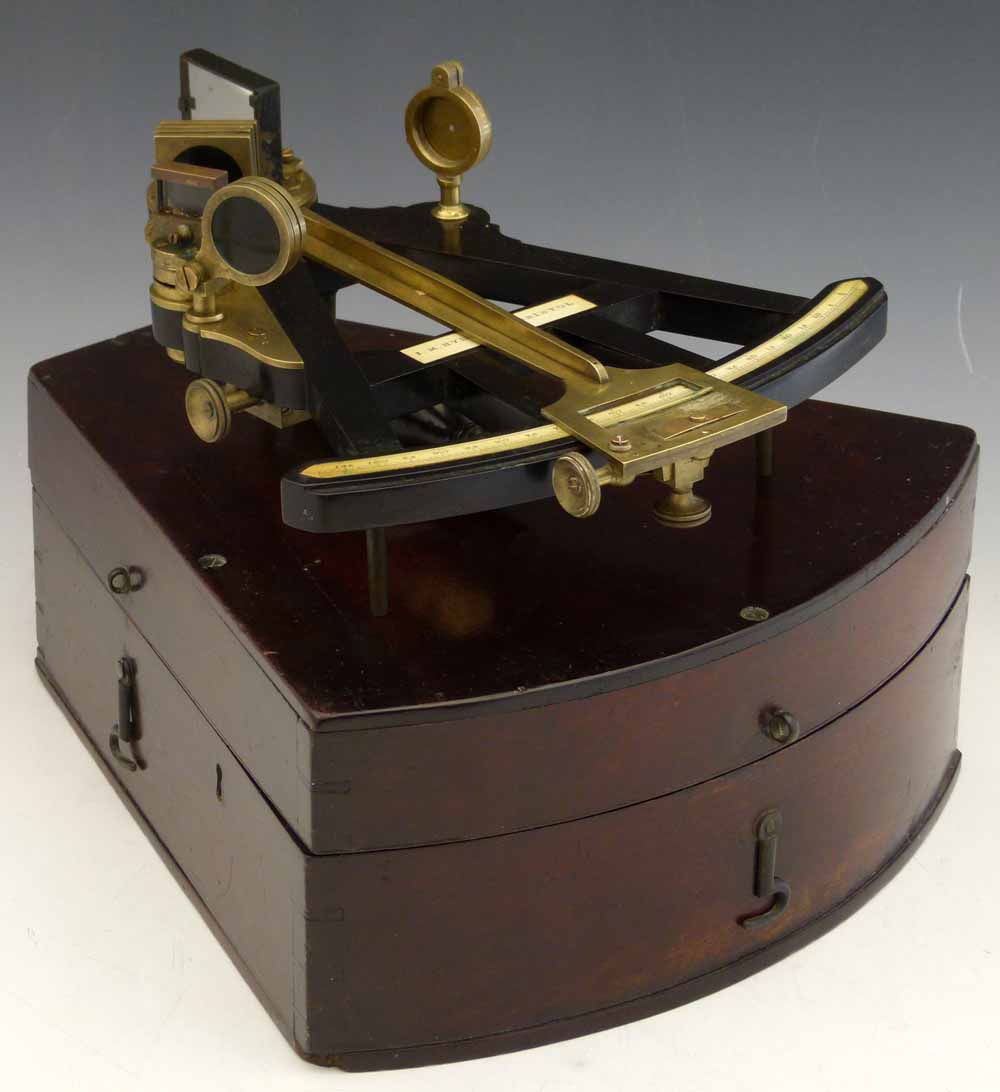 Ebony and brass octant, signed J. M. Hyde, Bristol, the scale divided 105-0, twin mirrors with two