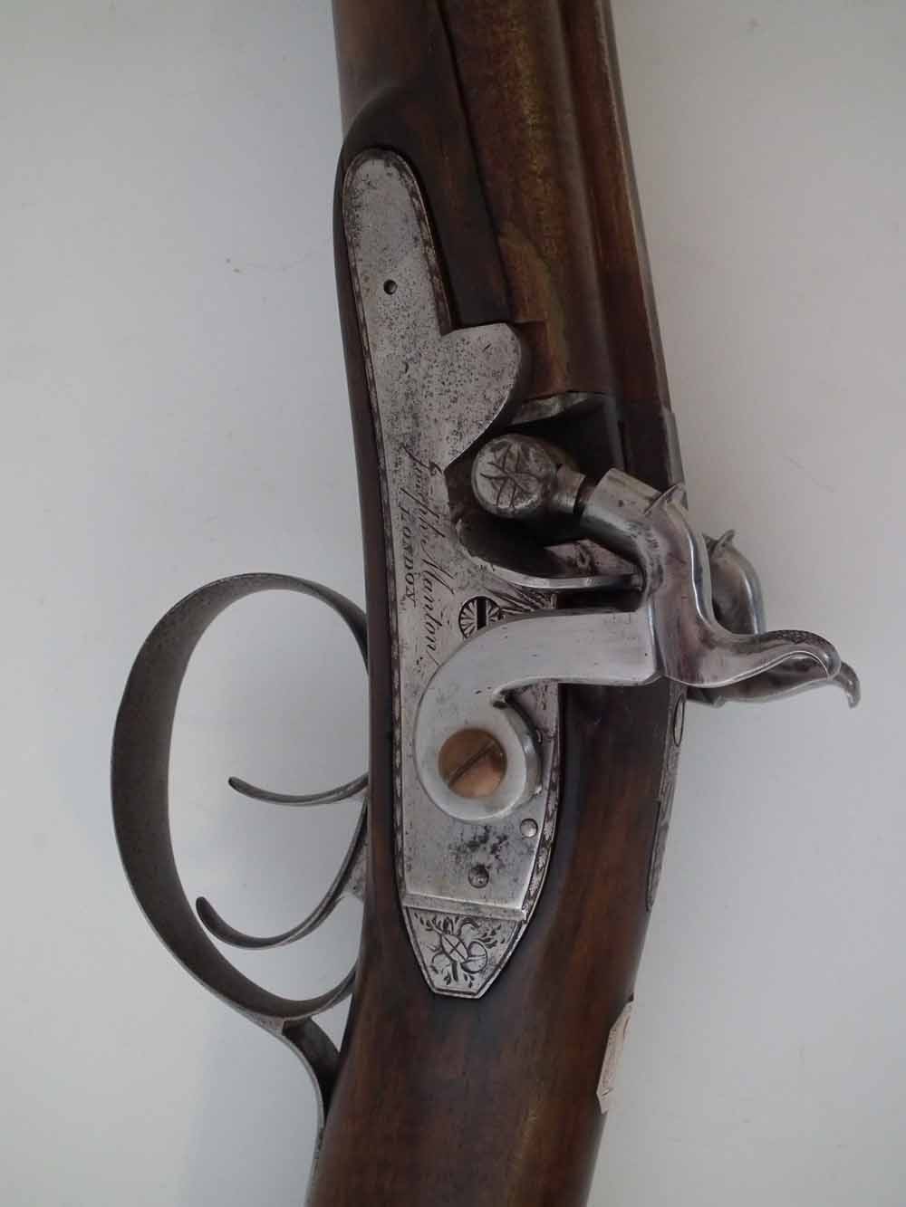 Percussion double barrel shotgun by Joseph Manton London, converted from flintlock, with Damascus 16 - Image 9 of 11