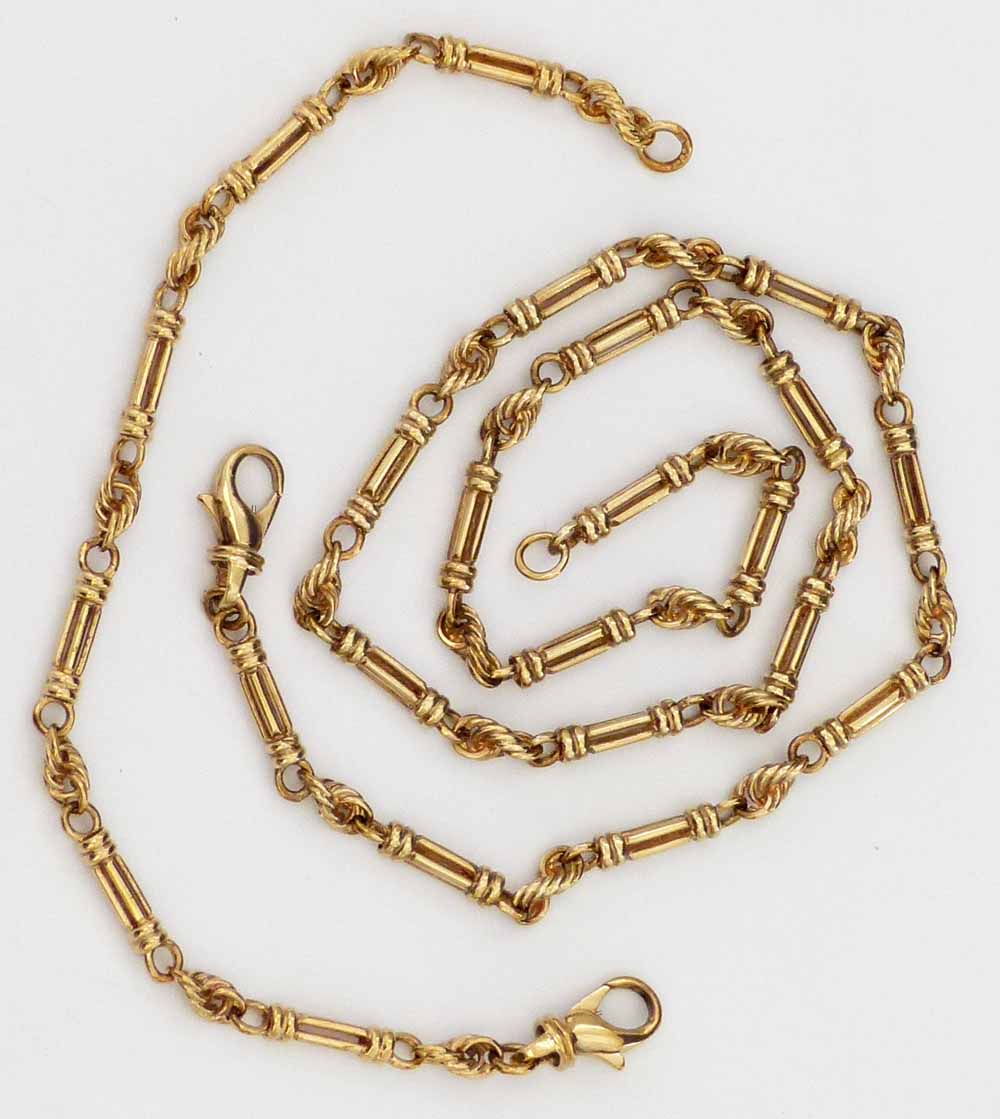 9ct gold necklace chain and matching bracelet of elongated and roe twist links, Sheldon Bloomfield