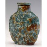 Moss agate large snuff bottle of russet hue with dense bluish green and white inclusions, taotie