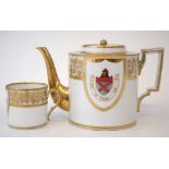 Paris porcelain teapot and coffee can, painted with armorial crests within gilded borders, early