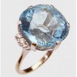 Aquamarine single stone dress ring, the mixed cut cushion shaped stone 17.1 x 16.7 x 12.5mm,