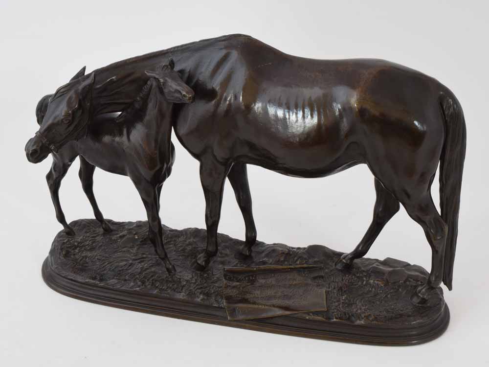 After Pierre Lenordez (1815-1892), an animalier bronze of a mare and foal, inscribed 'Catherine