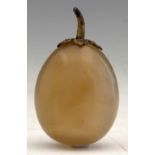 Chalcedony pale orange snuff bottle shaped as an egg plant fruit with a silvered stalk, overall