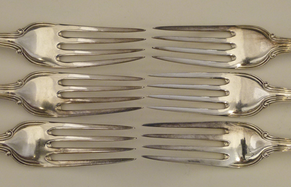 Victorian silver fiddle & thread pattern flatware of six dessert forks, six dessert spoons, six - Image 7 of 14