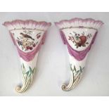 Two Derby cornucopia wall pockets,   painted with birds fruit and flora, red painted marks to the