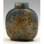 Large moss agate snuff bottle of orange ground shot through with tangles of bluish green and some