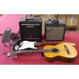 Fender squire electric guitar, acoustic guitar and two amplifiers. Condition report: see terms and