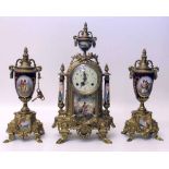 Gilt metal and porcelain three-piece clock set. Condition report: see terms and conditions