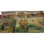 Collection of six unframed decorative oil paintings with classical imagery. Condition report: see
