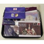 Thirteen royal mint proof editions; 6 £5 restoration crowns; royal mint Queen mother stamp set.