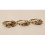 Two ruby diamond 18ct gold rings and a sapphire and diamond ring 7.2g (3). Condition report: see
