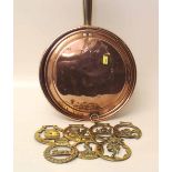 Copper warming pan and seven old brass horse brasses. Condition report: see terms and conditions