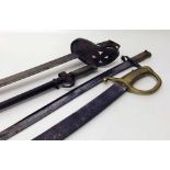 1885 pattern heavy cavalry sword French gras bayonet, antoher French bayonet and a short sword.