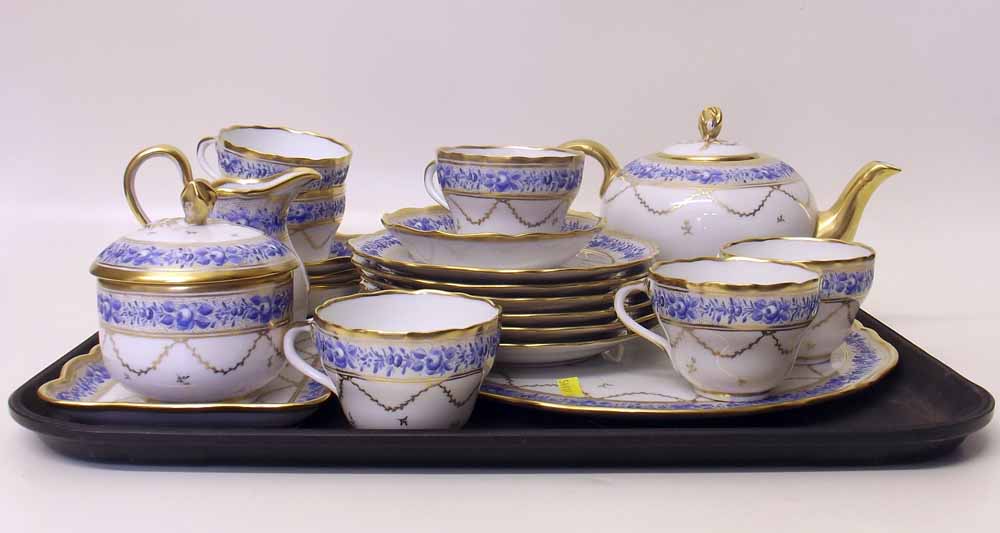 French blue and gold part tea service, vintage Paris Royal Peinta La Main Nylon, teapot, milk jug,
