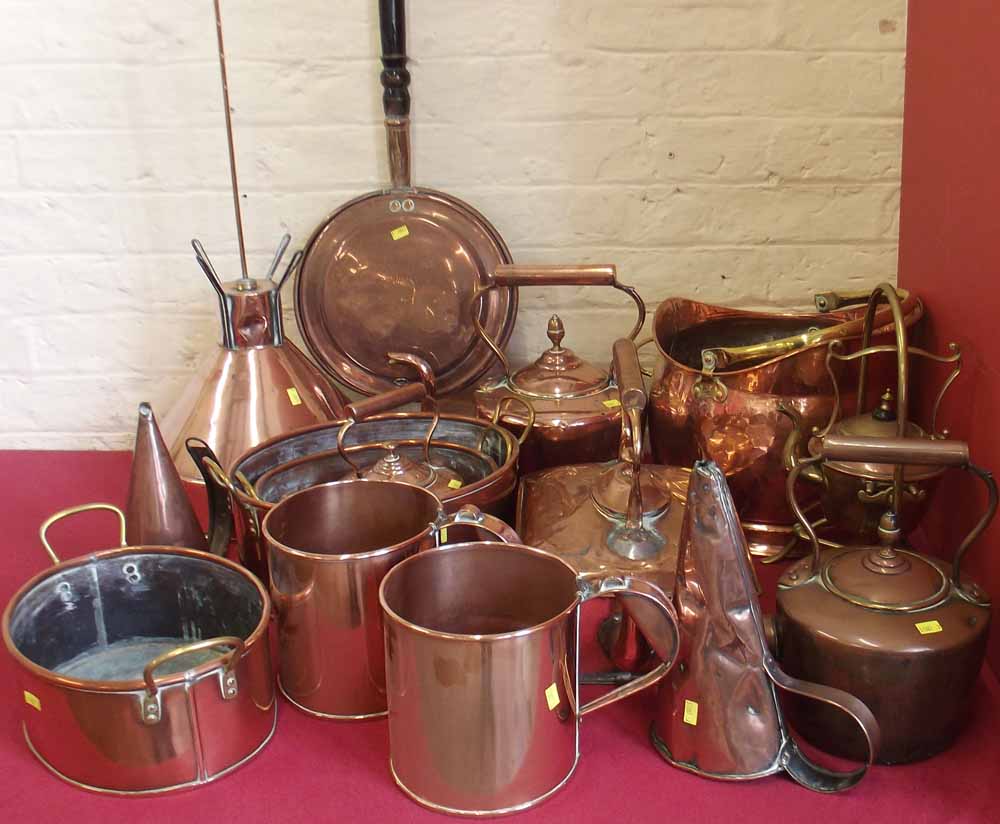 Several copper kettles; copper conical measures; copper pans and other copper items Condition