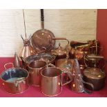 Several copper kettles; copper conical measures; copper pans and other copper items Condition
