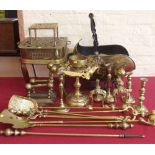 Brass and iron coal scuttle; brass footman and a quantity of other brassware Condition report: see