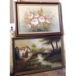 Single key flute by W. MilhouseOil painting of a cottage signed Lucas and modern oil on canvas of