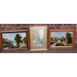 Watercolour of rural scene stream unsigned and two Dutch paintings on glass. Condition report: see