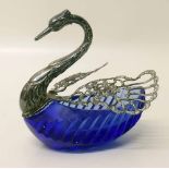 Silver and blue glass swan. Condition report: see terms and conditions