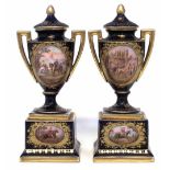 Pair of Vienna style lidded twin handled vases, each mounted on pedestal, painted with equestrian