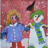 Sue Atkinson (1949-),  Girl and snowman, signed, oil on board, 29 x 29cm.; 11.5 x 11.5in.