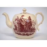 Wedgwood Creamware teapot circa 1765, printed by Sadler and Green with The Fortune Teller pattern,