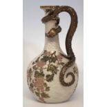 Royal Worcester ewer, with dragon handle, decorated with flora on ivory coloured ground, green