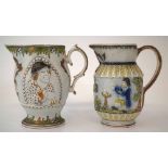 Two Prattware jugs circa 1800, one moulded with a Miser, the second with figures smoking pipes,