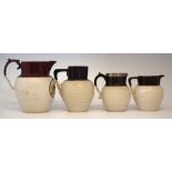 Four Feldspathic stoneware jugs circa 1800   by Chetham and Woolley painted with a fisherman in a