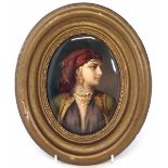 KPM porcelain oval plaque, painted with a portrait of a lady set within oval frame, impressed mark