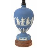 Wedgwood blue jasper dip lamp base,   decorated with dancing hours, fitted on wood base, impressed