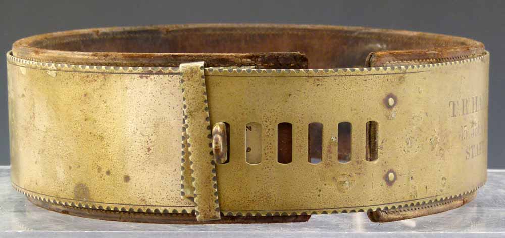 Brass and leather adjustable dog collar, inscribed " TR Harvey, 45 John Street, Stafford" width 6cm, - Image 6 of 7