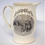 Creamware jug circa 1800, printed with 'Lottery Insurance Office' and 'Monk Surpriz'd' (sic) 20cm
