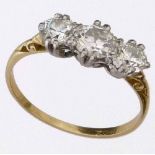 18ct gold three stone diamond ring, approximately 1.48ct in total, ring size P, gross weight 2.7g